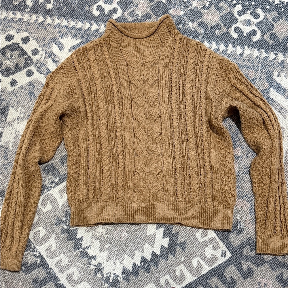 J. Crew Cable-Knit Turtleneck Sweater in Camel Brown